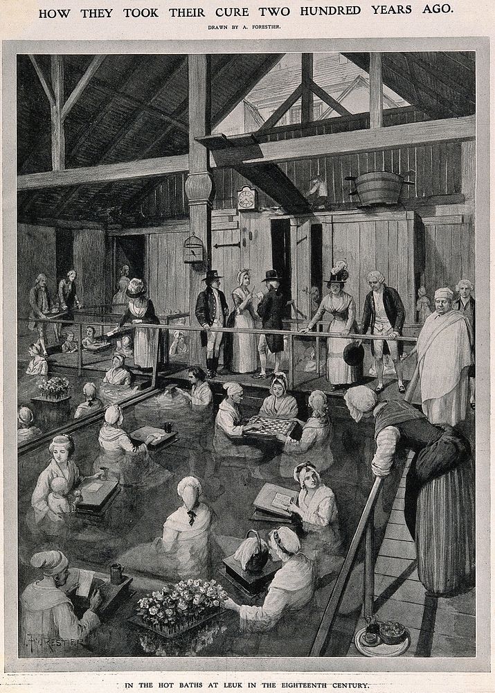Hot Baths at Leuk, Switzerland: interior showing patients bathing. Process print after A. Forestier.