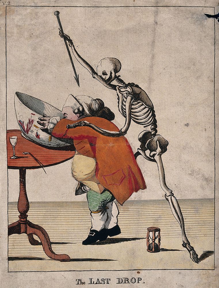 A short stout man drinks from a punchbowl, while Death approaches him from behind and aims his dart at him. Etching by M.…