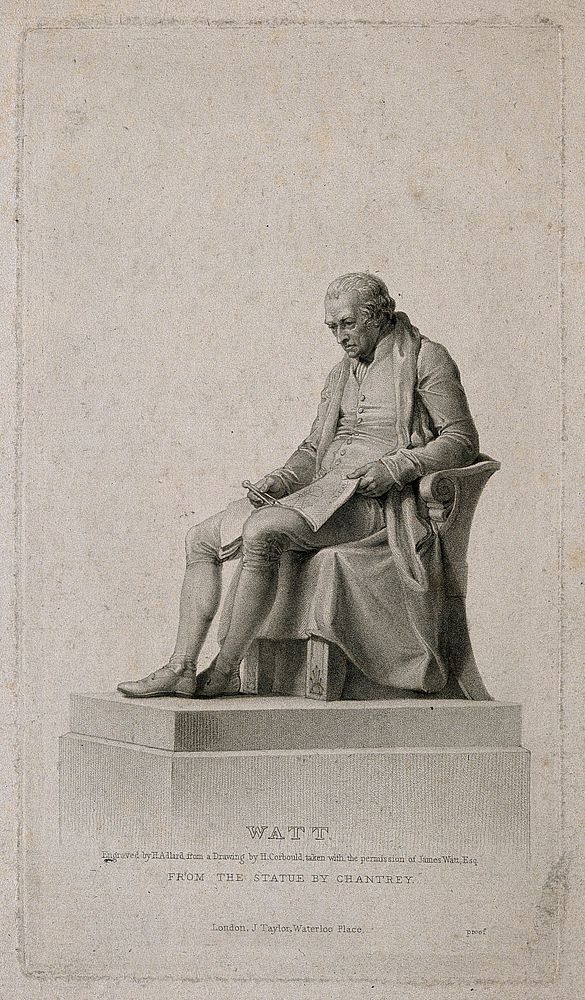 James Watt. Stipple engraving by H. Adlard after H. Corbould after Sir F. Chantrey.