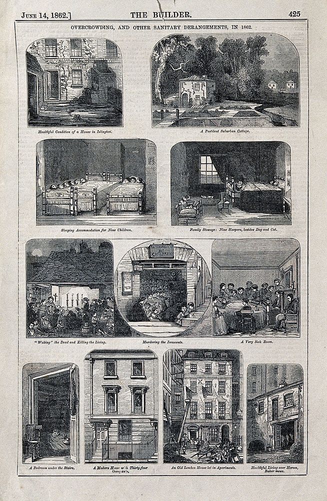 Overcrowding and poor living conditions in London, 1862: eleven scenes. Wood engraving, 1862.