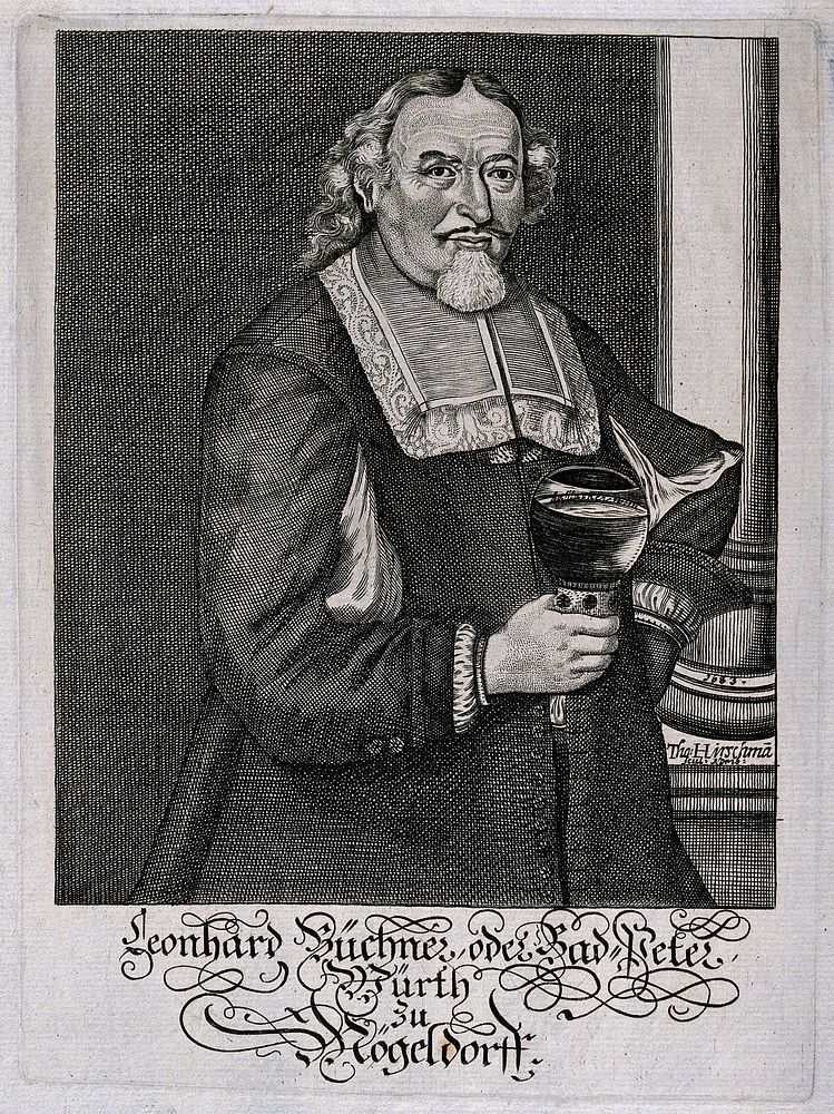 Leonhard Bűchner, a German landlord, with wine glass in hand. Engraving by T. Hirschmann, 1683, after himself.