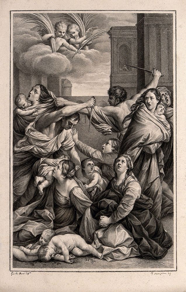 The massacre of the innocents. Drawing by F. Rosaspina, c. 1830, after G. Reni.