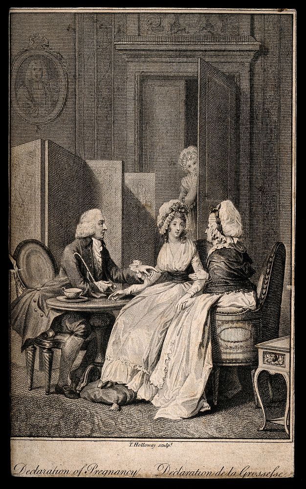 A physician informing a young woman and her mother that she is pregnant, a servant is listening at the door. Engraving by T.…