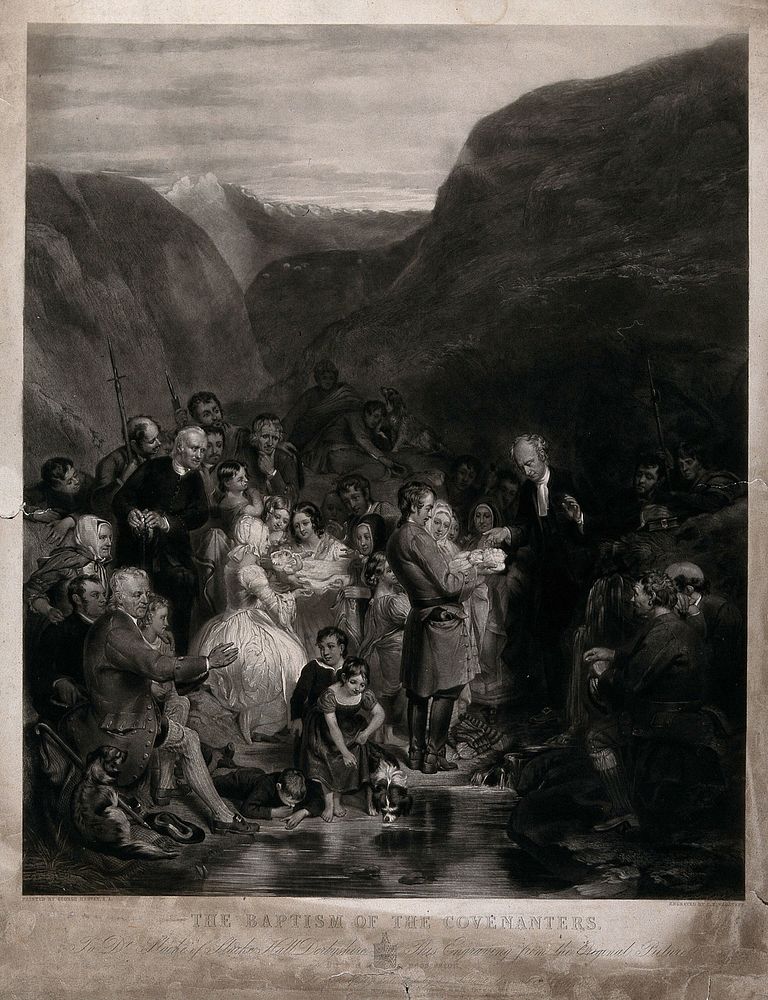 A baptism of a group of babies according to the Covenanter's rite in a stream in a valley. Line engraving with mezzotint by…