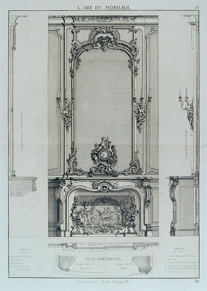 Cabinet-making: a decorative architectural overmantel. Etching by J. Verchère after himself, 1880.