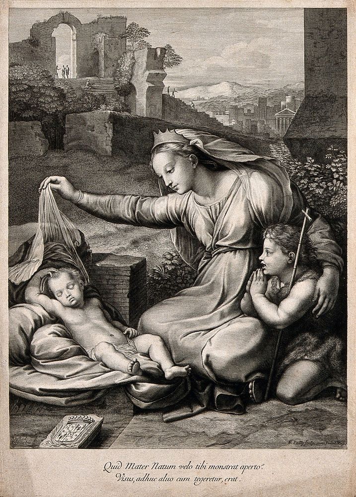 Saint Mary (the Blessed Virgin) with the Christ Child and Saint John the Baptist. Engraving by F. de Poilly after Raphael.