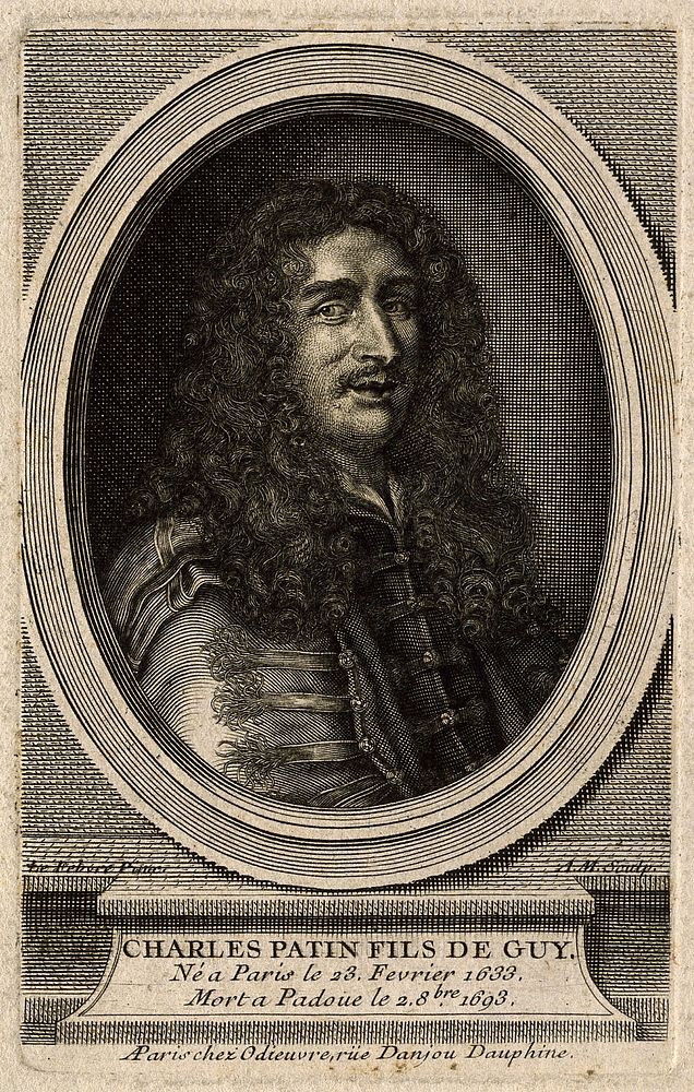 Charles Patin. Line engraving by A. M., 1765, after C. Lefebvre.