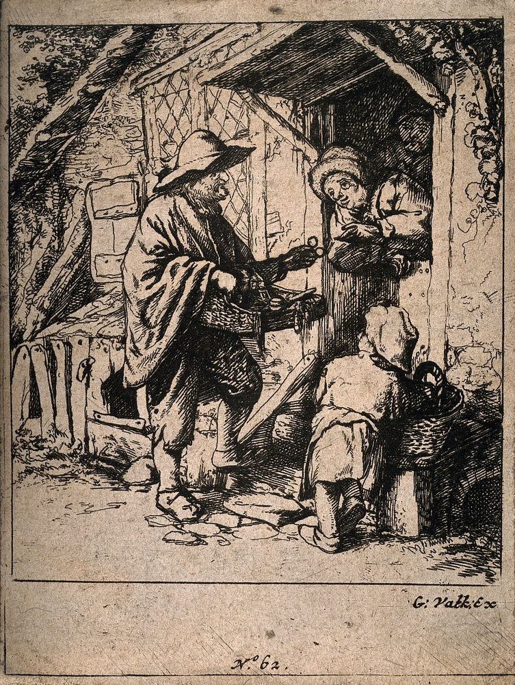 A travelling spectacle pedlar showing his wares to an old lady. Etching by G. Valk after A. Van Ostade.