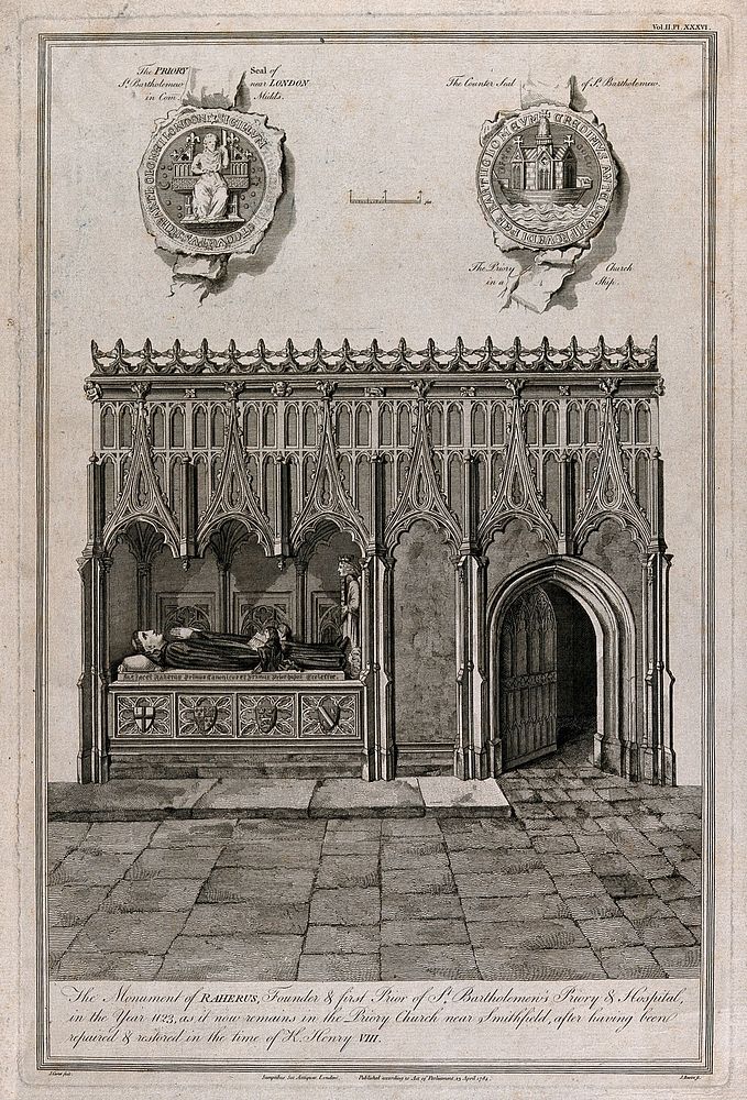 The tomb of Rahere, Saint Bartholomew's Church, London. Engraving by J. Basire after J. Carter, 1784.