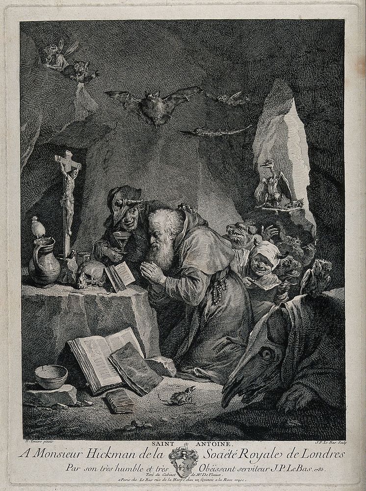The temptation of Saint Antony Abbot. Etching by J.P. Le Bas after D. Teniers.