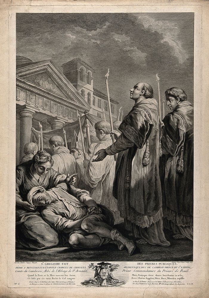 Saint Gregory the Great: he prays for intercession against the plague. Engraving by N.J. Voyez, 1769, after C. van Loo.
