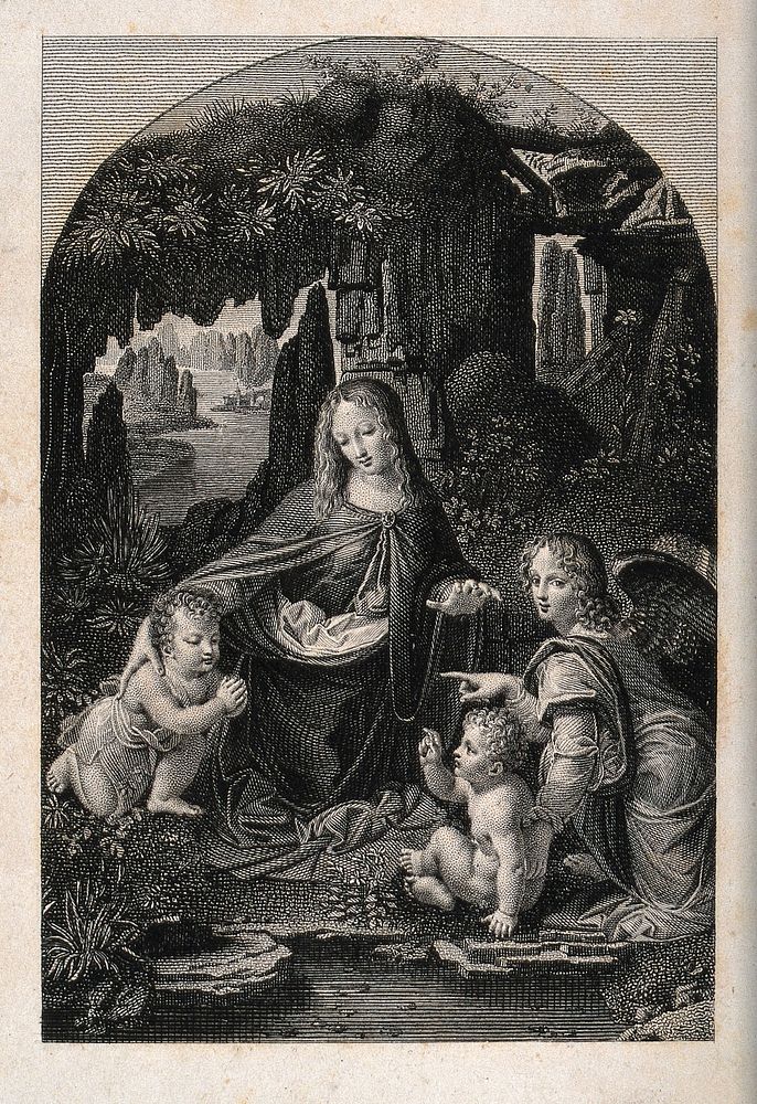 Saint Mary (the Blessed Virgin) with the Christ Child, Saint John the Baptist and an angel. Engraving after Leonardo da…
