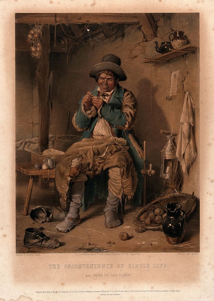 An Irish bachelor sits threading a needle to mend his ragged clothes. Lithograph by T. Maguire, 1855, after E. Nicol.