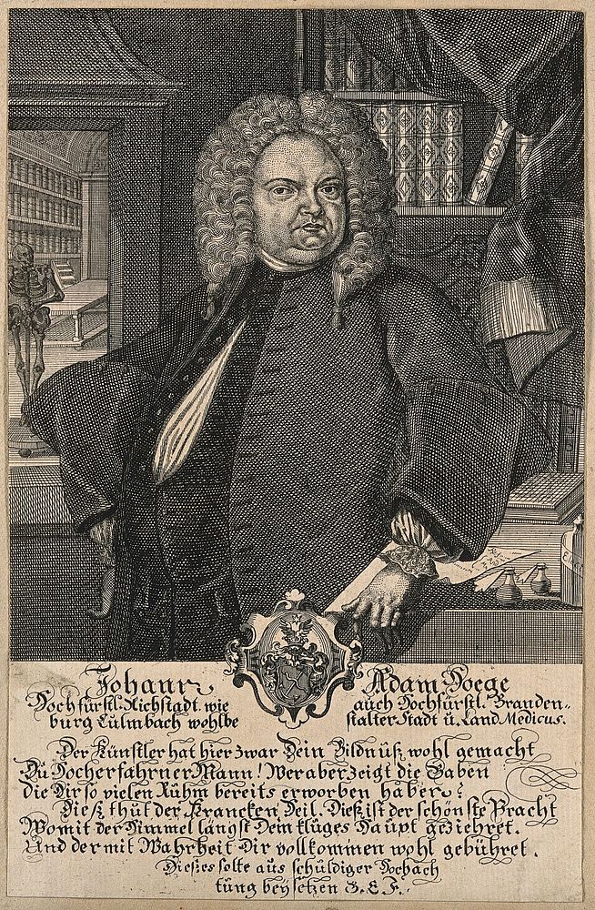 Johann Adam Hoege, physician of Brandenburg, in his library with medical books and a human skeleton behind him. Engraving.