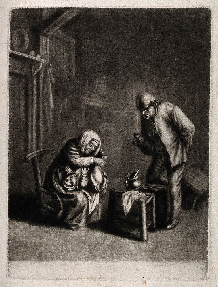 A woman changing her child's nappy, her husband is watching them in an amused manner. Mezzotint.