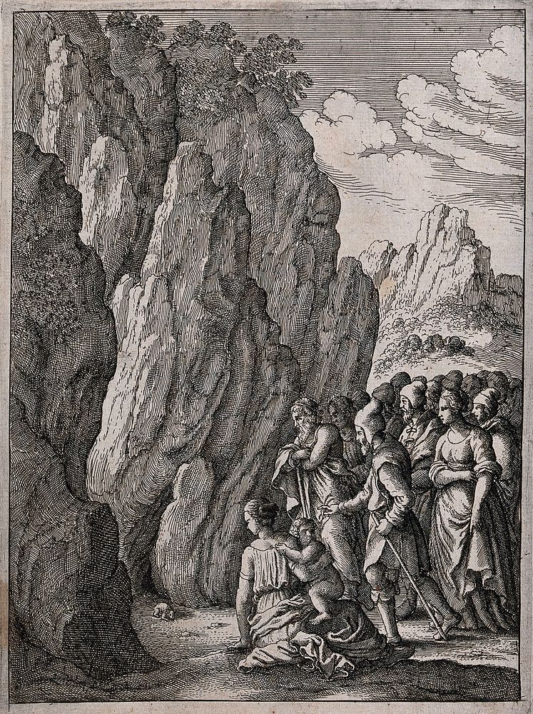 People watching a mouse emerge from a large crevice in a mountain. Etching.