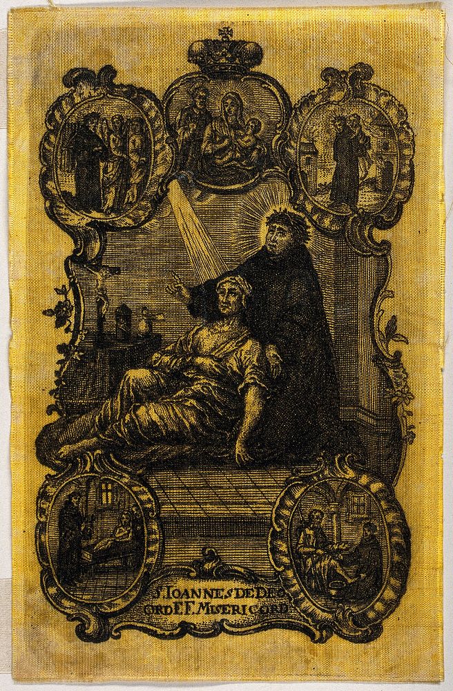 Saint John of God. Engraving on yellow silk.