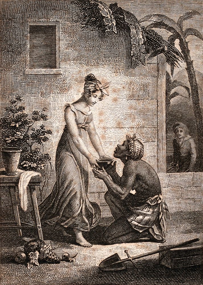 Virginie giving a bowl of food to a starving black slave woman who has fled from her master. Engraving by E. Rouargue, 1824…