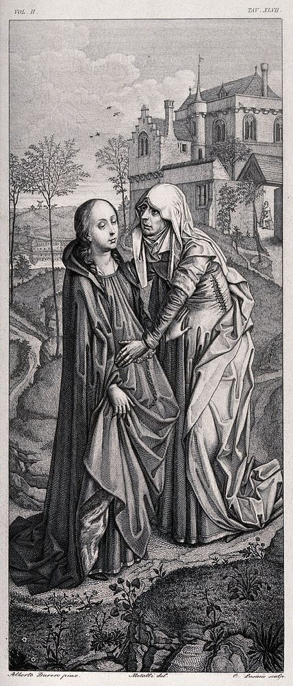 The Virgin Mary and Elizabeth palpate each other's pregnant bellies on a hill. Engraving by C. Lasinio after Metalli after…