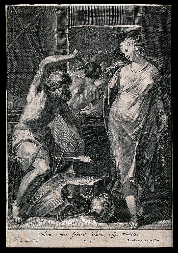 Vulcan is hammering metal at a forge watched by Thetis in flowing robes with pearls in her hair. Engraving by Davet after…