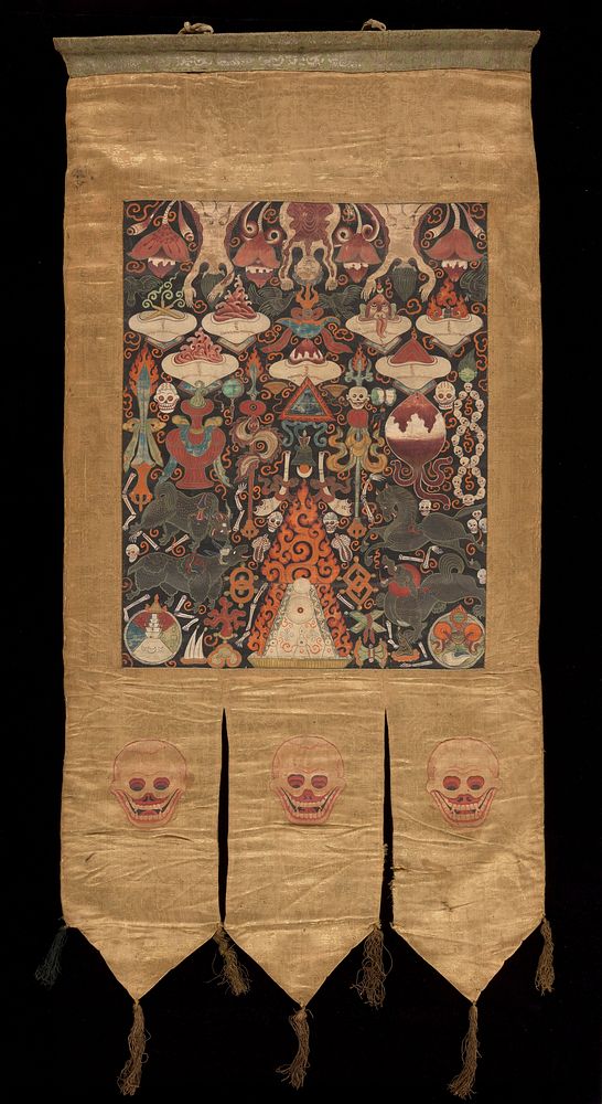 Attributes of Brahmā (Tibetan Tshaṅs-pa, the pure one) in a "rgyan tshogs" banner. Distemper painting by a Tibetan painter.