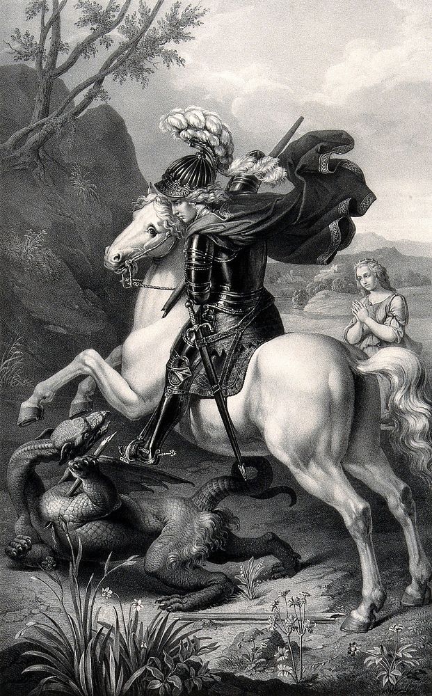 Saint George killing the dragon. Lithograph by F.A. Hanfstaengl.