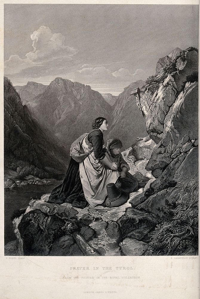 Two women praying before a crucifix in the mountains. Engraving by P. Lightfoot after a painting by P. Foltz.