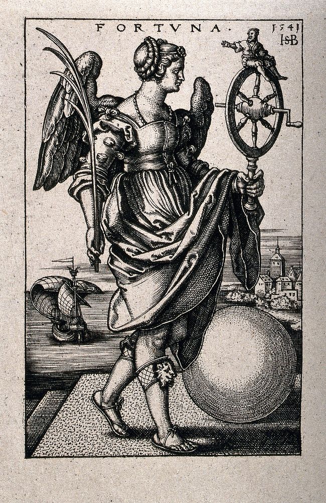 A winged woman holding a palm branch in her right hand and a spinning wheel with a small man perched on top in her left…