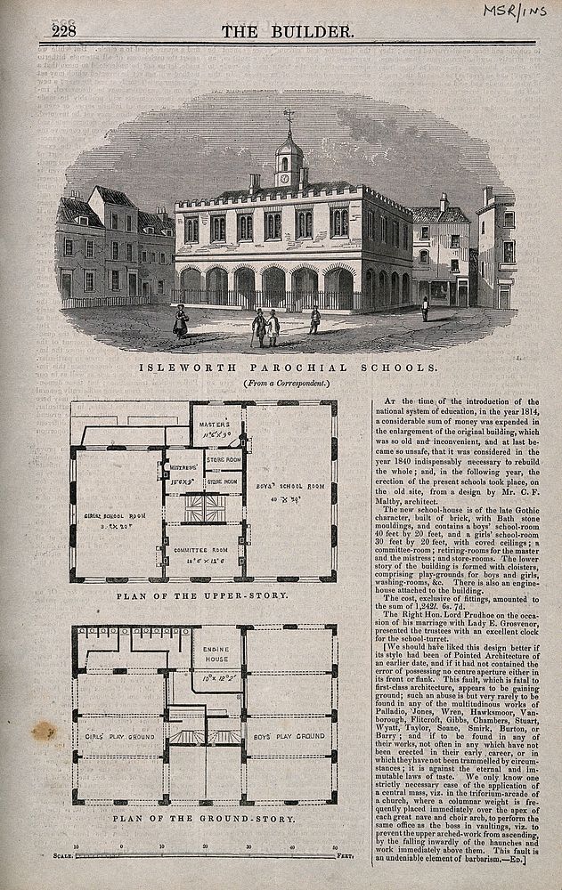 Parochial Schools, Isleworth, Middlesex: with floor plans and text. Wood engraving.