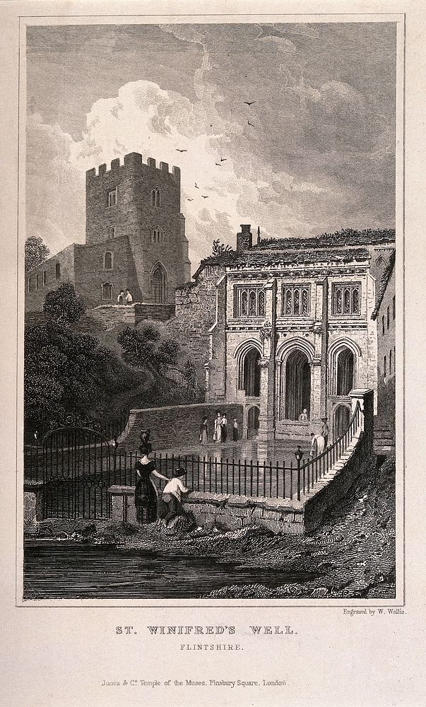 St. Winifred's Well, Flintshire, Wales. Line engraving by W. Wallis.