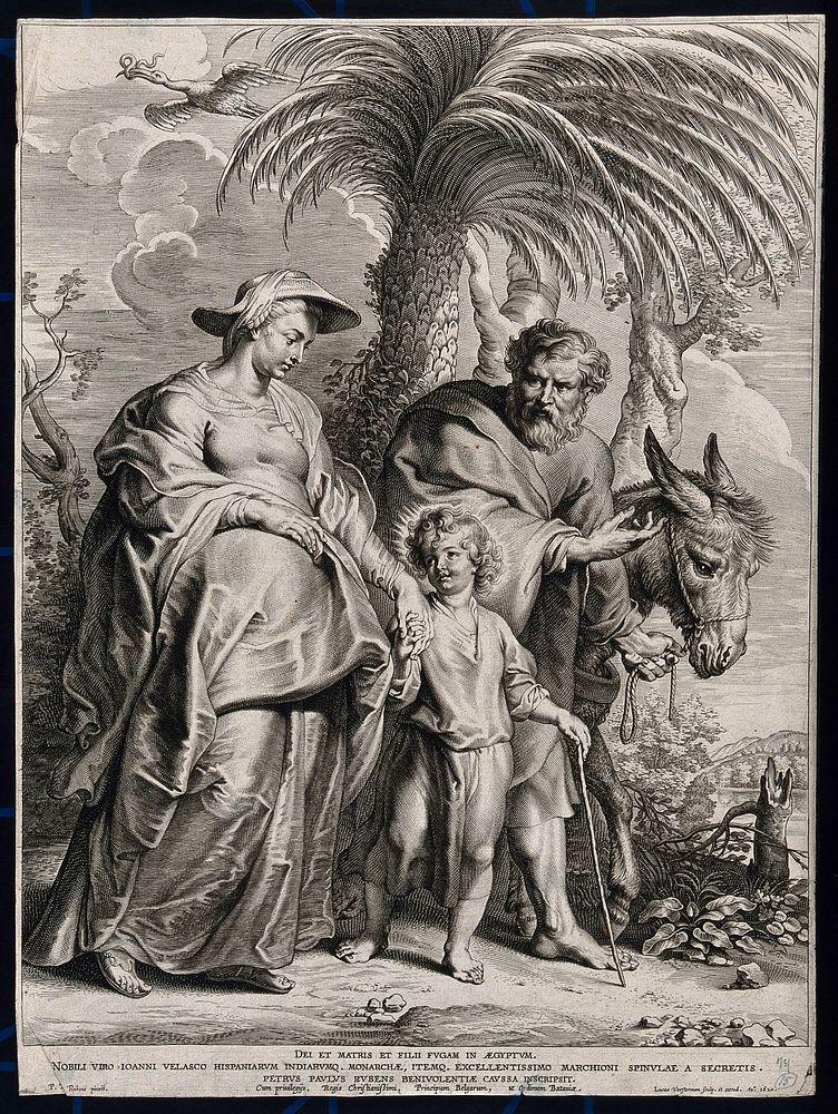The Virgin Mary, pregnant with James, and Joseph voyage back from Egypt with the child Jesus. Engraving by L. Vorsterman the…