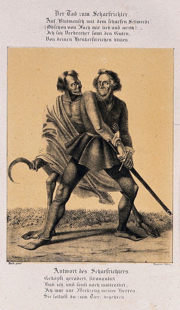 The dance of death at Basel: death and the executioner. Lithograph by G. Danzer after H. Hess.