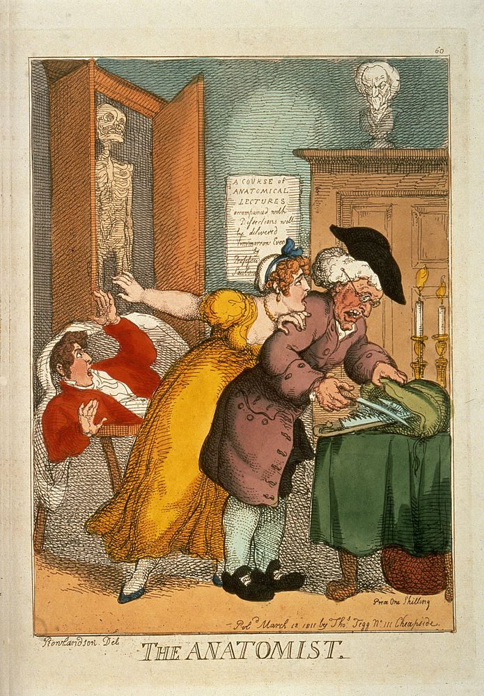 An aged anatomist selecting his dissection instrument while a young woman tries to warn that his subject is alive. Coloured…