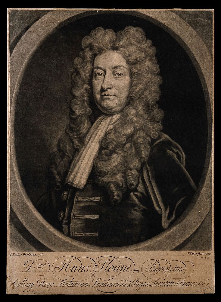 Sir Hans Sloane. Mezzotint by J. Faber, junior, 1729, after Sir G. Kneller, 1716.