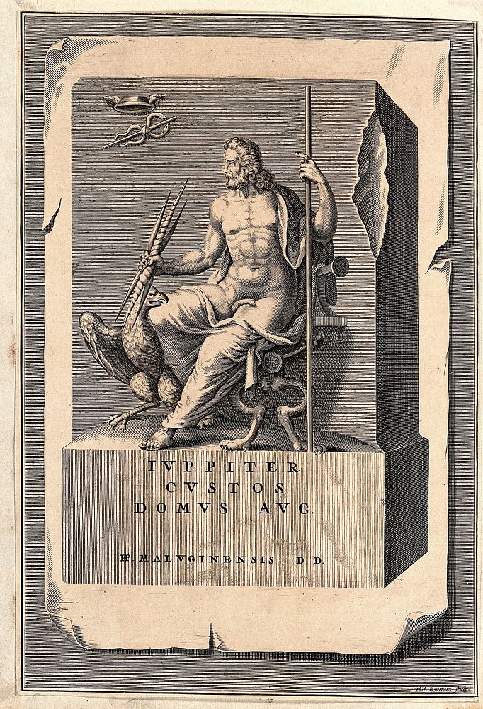 Jupiter represented as a majestic personage seated on a throne, holding in his hands a sceptre and a thunderbolt; at his…