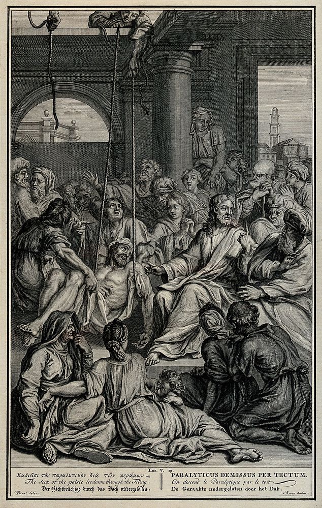 Christ healing the palsy. Engraving by Broem after Picart.