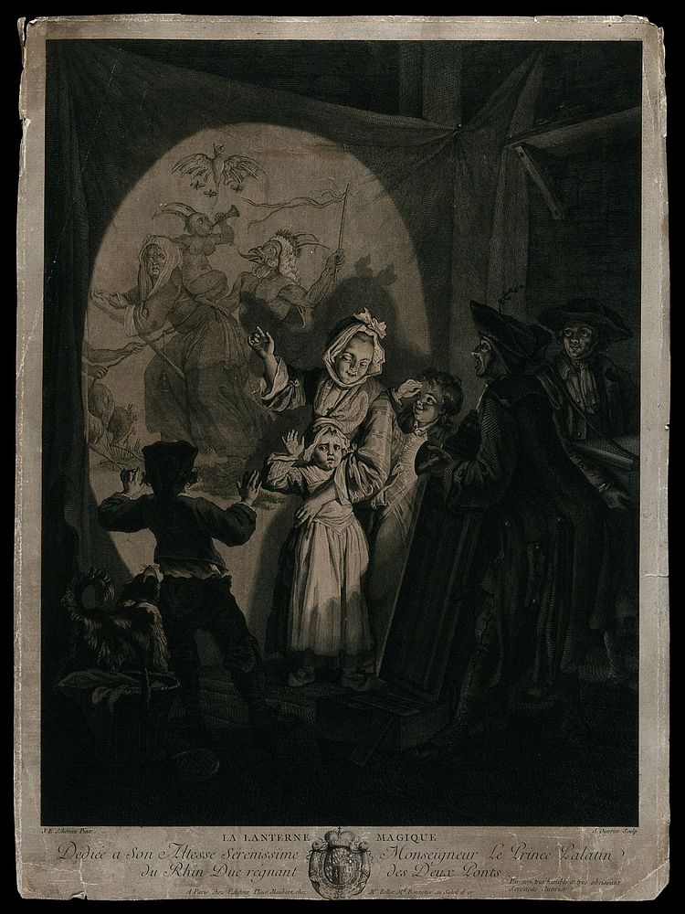 A man is projecting on to a sheet the images of a magic lantern to three children. Etching by J. Ouvrier after J.E. Schenau…