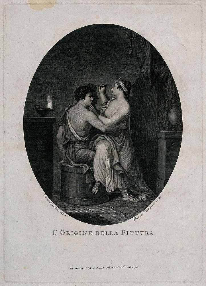 A young Corinthian girl drawing the shadow of her lover; representing the origin of painting. Engraving by G. Bortignoni…