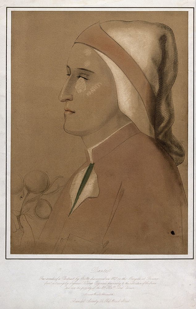 Dante Alighieri. Colour lithograph, 1859, after S.S. Kirkup after a fresco attributed to Giotto.