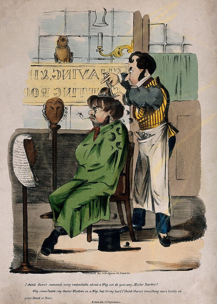 An uncouth man smoking a pipe while having his hair cut, asks the barber for his opinion on wigs and natural hair. Coloured…