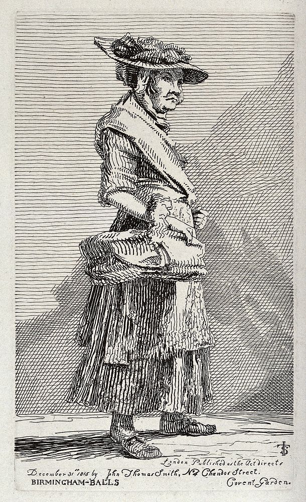 A beggar woman selling wares from a basket in her right hand. Etching by J. T. Smith, 1815.