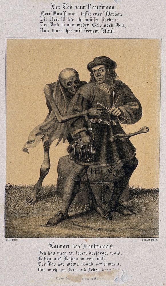 The dance of death at Basel: death and the merchant. Lithograph by G. Danzer after H. Hess.
