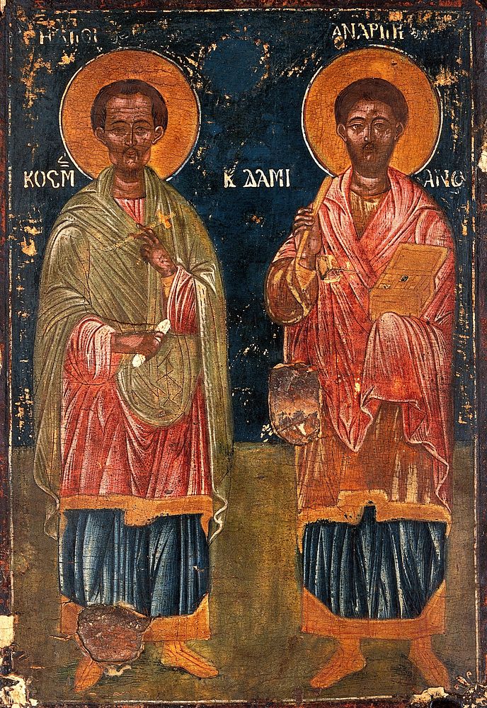 Saint Cosmas and Saint Damian. Tempera painting.