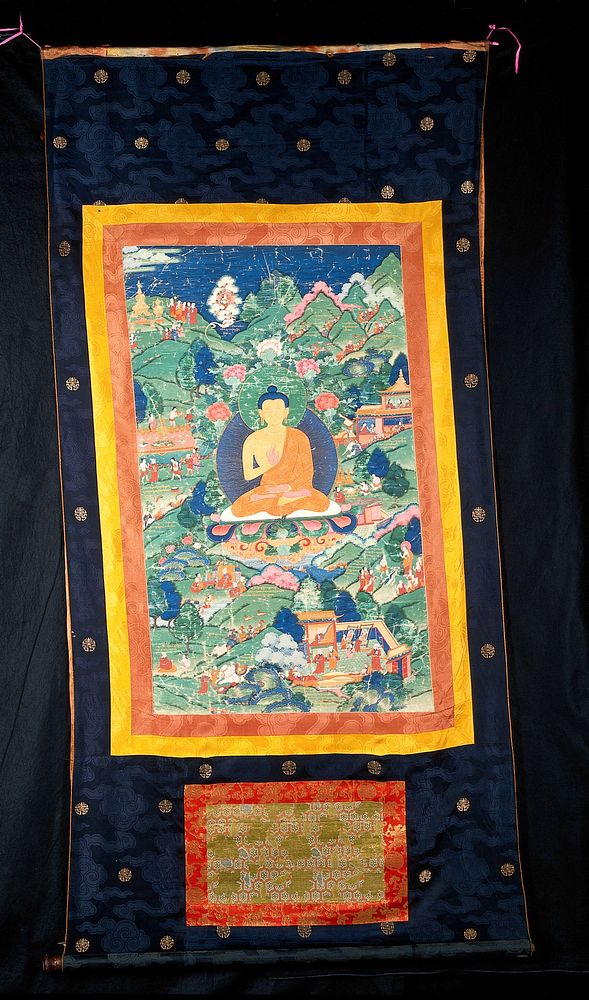 The Buddha Sakyamuni seated on a lotus in a landscape containing scenes of his life and death. Distemper painting by a…