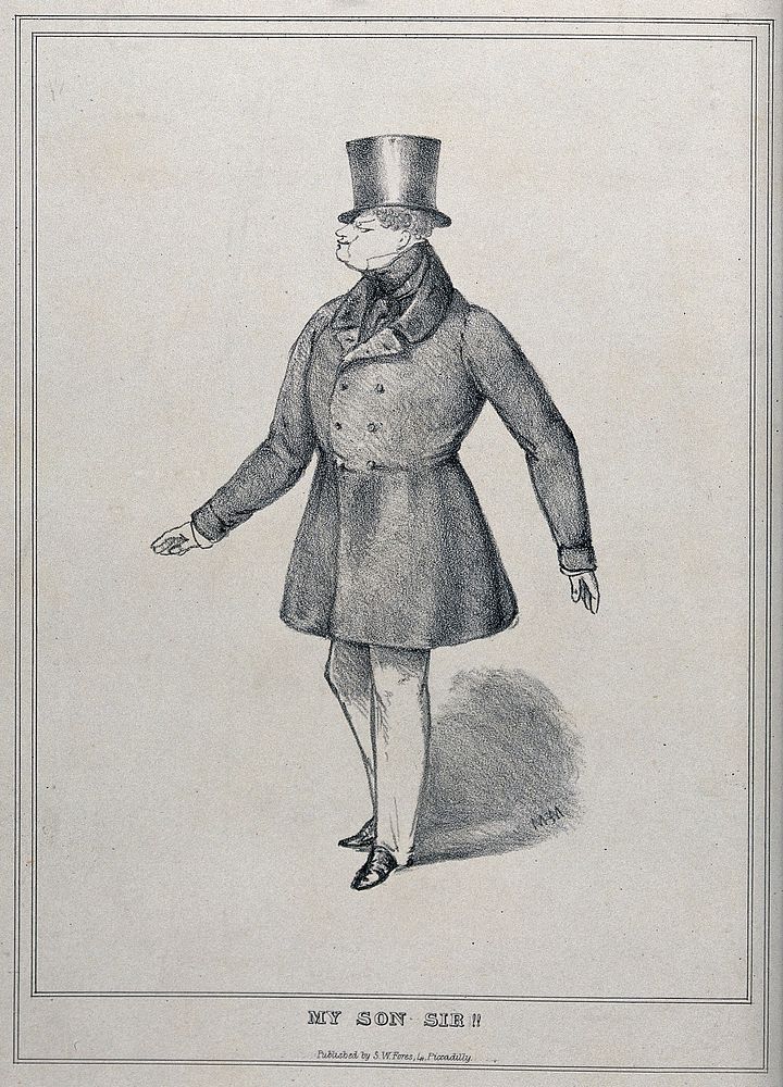 A large man posing wearing a fitted coat and a top hat. Lithograph by MHM .