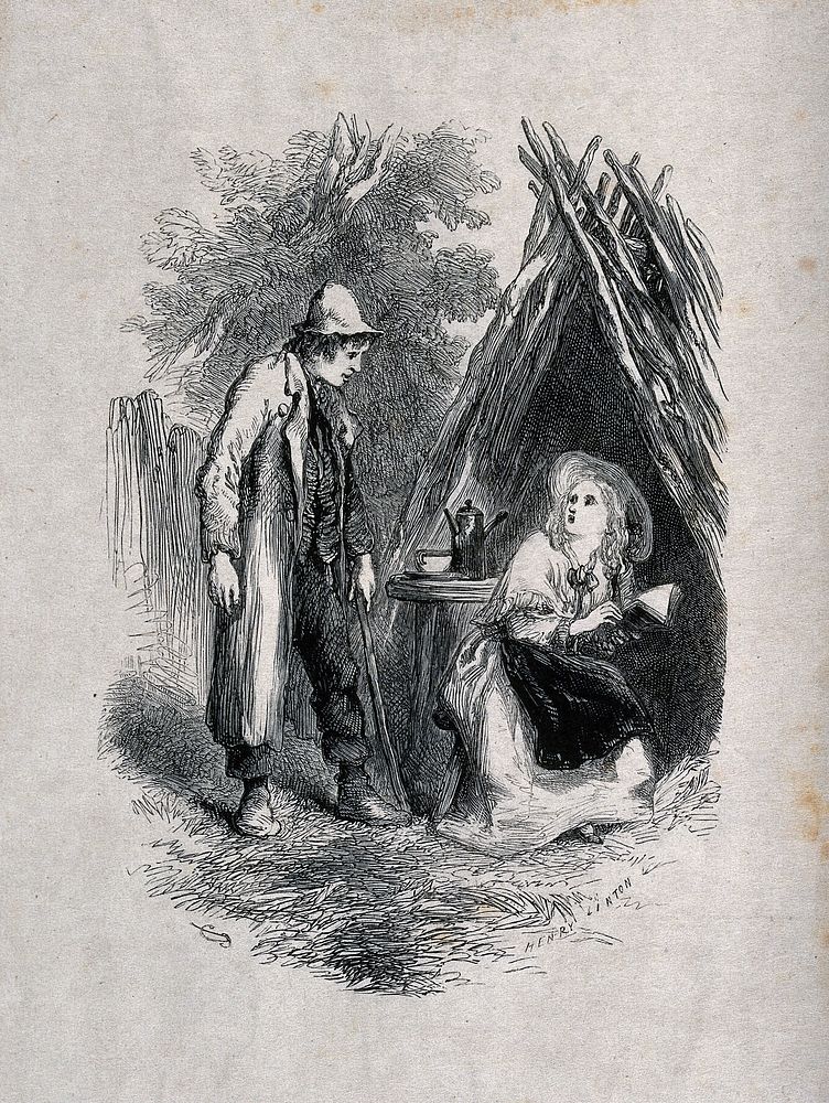 A man in ragged clothing has come upon a woman sitting inside a shelter made of sticks, reading a book: she looks startled…