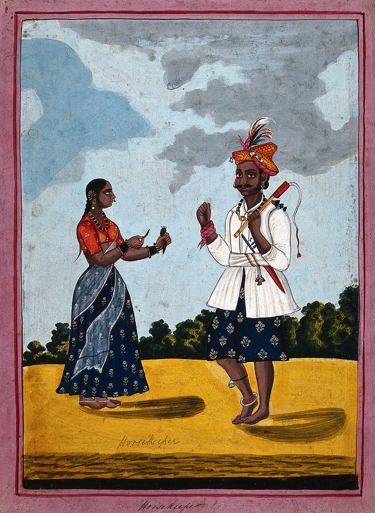 A horsegroom, with his wife offering him betel leaves. Gouache drawing.