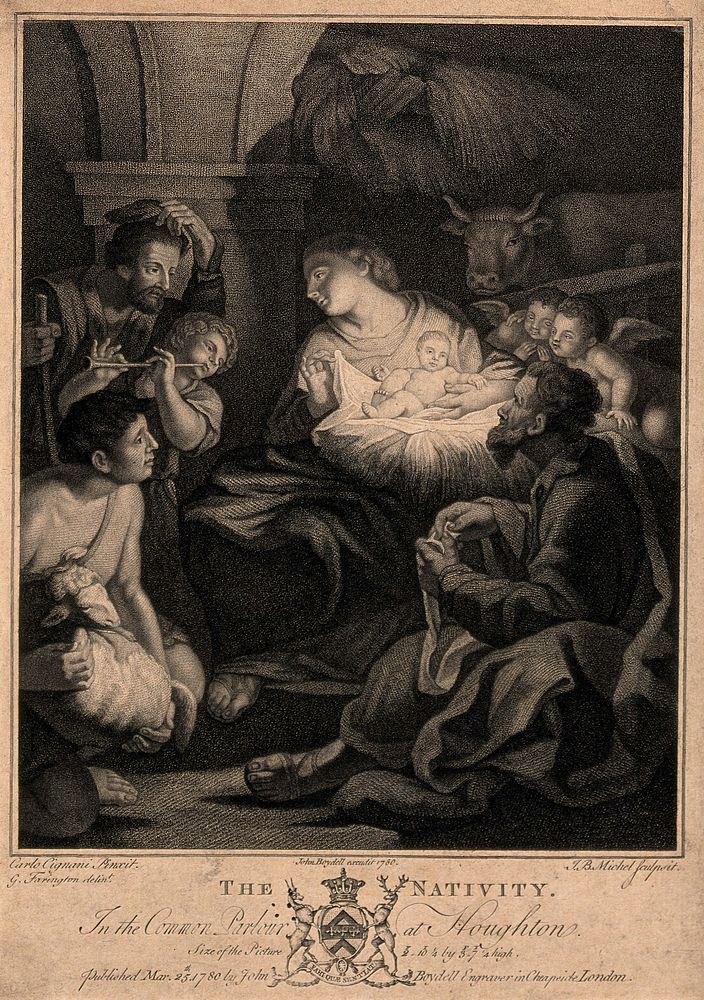 The adoration of the shepherds at the birth of Christ; a shepherd-boy plays a flute. Stipple engraving by J.B. Michel, 1780…