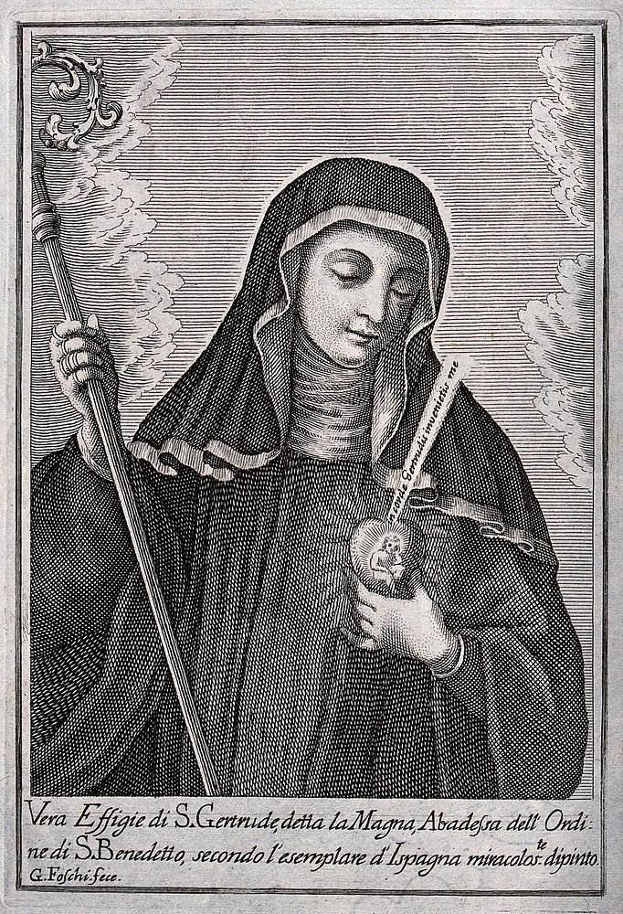 Saint Gertrude holding her heart. Engraving by G. Foschi.