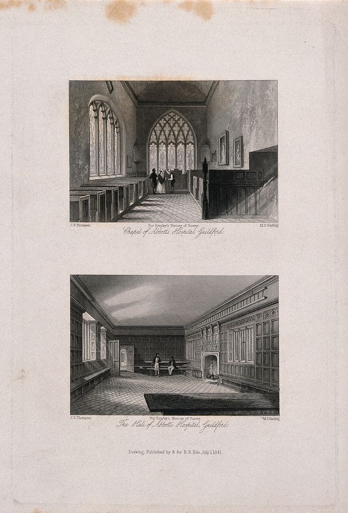 Abbott's Hospital, Guildford, Surrey: the chapel (above) and the hall (below). Etching by M.J. Starling, 1841, after J.R.…